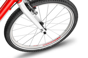 Woom 5 quick-release front wheel with Soopa Doopa Hoops rim and sealed bearing hub.