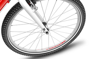 Woom 6 quick-release front wheel with Soopa Doopa Hoops rim and sealed bearing hub.